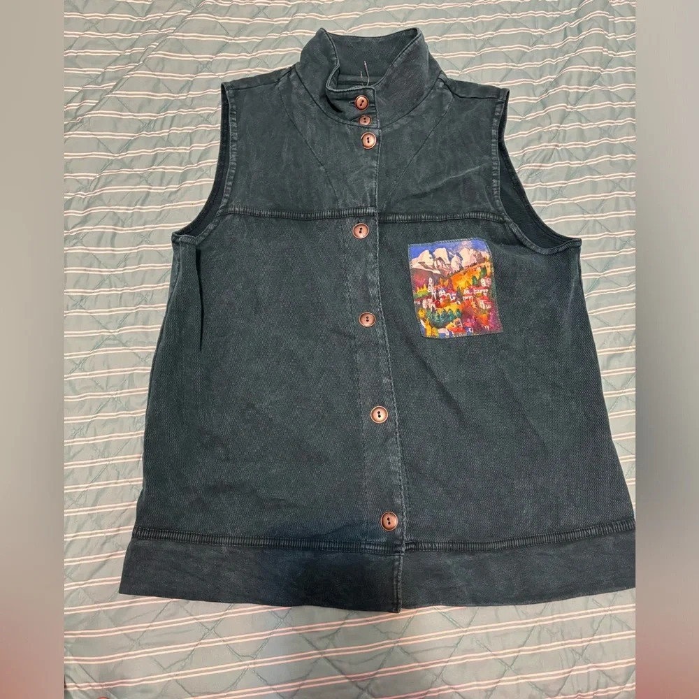 Michael Leu Collection Vintage Art To Wear Button Down Patch Detail Vest Top Sma